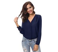 Urban GoCo Femmes Chemisier Col V Hauts Tops Mousseline Manches Longues Chemise (S, Bleu Marine)