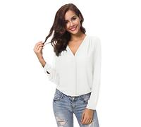 Urban GoCo Femmes Chemisier Col V Hauts Tops Mousseline Manches Longues Chemise (XL, Blanc)