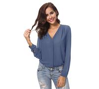 Urban GoCo Femmes Chemisier Col V Hauts Tops Mousseline Manches Longues Chemise (XL, Bleu grisâtre)