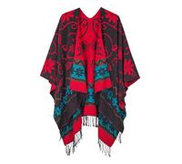 Urban GoCo Femmes Rétro Imprimé Châle Cape Manteau Tassel Poncho Cardigan (Noir)