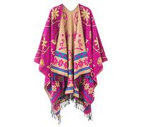 Urban GoCo Femmes Rétro Imprimé Châle Cape Manteau Tassel Poncho Cardigan (Rose)