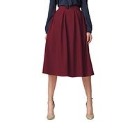 Urban GoCo Midi Jupe Plissée de Femmes Vintage De A-Ligne Taille Haute Jupe Longue avec Poches Vin Rouge L
