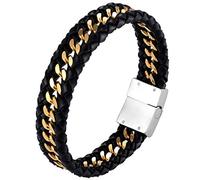 URBAN JEWELRY Men’s Bracelet - Ancient Pattern Design in a Polished Silver Finish and Black Leather Rope Chain - Made of Stainless Steel and Genuine Leather - Gift for Him (8.5 inch 22cm)