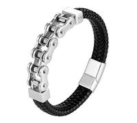 URBAN JEWELRY Men’s Bracelet - Ancient Pattern Design in a Polished Silver Finish and Black Leather Rope Chain - Made of Stainless Steel and Genuine Leather - Gift for Him (8.5 inch 22cm)