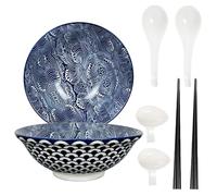 Urban Lifestyle - Set de 8 Bol Ramen en Porcelaine 1 L · Pour 2 Personnes avec Bols, Coupelles, Cuillères & Baguettes · Bol Céramique Idéal pour Nouilles, Udon, Pho & Salades (Seigaiha)