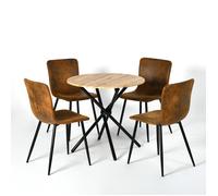 URBAN MEUBLE Ensemble Table Vintage Bois Ronde - 4 Chaises Retro Tissu Usé, Design Rustique pour Cuisine/Salon