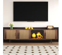 URBAN MEUBLE Meuble TV bois foncé rainuré avec pieds métal noir 200 cm