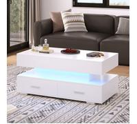 URBAN MEUBLE Table basse blanche plateau relevable à hauteur réglable 2 tiroirs et espace de rangement ouvert avec éclairage LED
