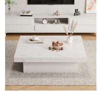 URBAN MEUBLE Table basse carrée moderne blanche effet marbre 4 tiroirs plateau coulissant 90x90x25cm
