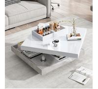 URBAN MEUBLE Table basse double plateau brillant pivotant à 360° en blanc et effet marbre grise clair 70*70cm