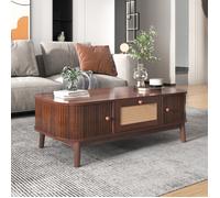 URBAN MEUBLE Table basse effet noyer vintage et rotin 1 tiroir et 2 niches portes coulissantes