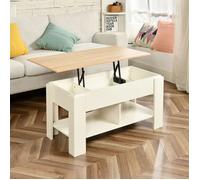 URBAN MEUBLE - Table basse - Plateau relevable avec rangement intégré - Finition blanc et bois clair - 96x50x47/63 cm