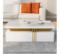 URBAN MEUBLE Table basse rectangulaire effet marbre blanche brillante avec 2 tiroirs 100*50*40 cm