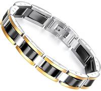URBAN SPARKS Bracelet homme femme en acier inoxydable avec pierre biliaire noire et maillons rectangulaires (argent et or)