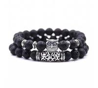 URBAN SPARKS Bracelet jonc élastique à double rangée de perles en pierre naturelle avec hibou et agate colorée - Bracelet rétro et unique, Mittelgroße, Pierre, Non (Volcanic Rock)