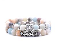 URBAN SPARKS Bracelet jonc élastique à double rangée de perles en pierre naturelle avec hibou et agate colorée - Bracelet rétro et unique, Mittelgroße, Pierre, Non (Amazonite)
