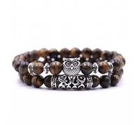 URBAN SPARKS Bracelet jonc élastique à double rangée de perles en pierre naturelle avec hibou et agate colorée - Bracelet rétro et unique, Mittelgroße, Pierre, Non (Tiger's Eye)