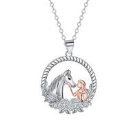 URBAN SPARKS Collier Pendentif Fille et Cheval en Argent 925 pour Femme - Collier Rond Couronne Florale, Design Symbolique, Bijau Élégant Cadeau
