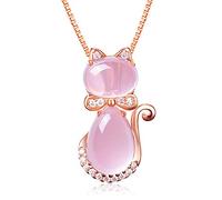 URBAN SPARKS Collier pour femme en quartz rose avec pendentif cœur rose et pendentif en forme de cœur, rose ou chat, plaqué argent, bijou élégant pour femme, Mittelgroße, Argent, Non.