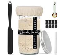 UrbanHomes Sourdough Fermenteur Set, 32OZ, 1000ml Pot Rond en Verre avec Thermomètre, Bande de Date d'Alimentation, Couvercle en Tissu, Grattoir en Silicone, Fermentation du Pain