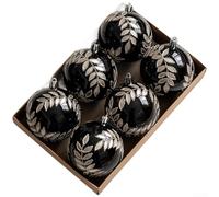 UrbanHui Lot de 6 boules de Noël peintes à la main avec finition nacrée et motif feuille de saule pour une utilisation saisonnière Noir 8 cm