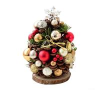 UrbanHui Mini décoration de sapin de Noël fabriquée à la main en pomme de pin naturelle - Décoration de vacances - Nœud en perles rouges dorées - Dessus de table rustique - Présentoir festif à