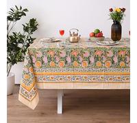 UrbanWeavers Hand Block Printed Tablecloth, Colorful Floral Print, Indian Artisan Handmade Art, Dining Room, Kitchen, Outdoor Décor, Party Decor, (Daisy Sunshine, 8 Seater 72 x 108 inches Rectangle)