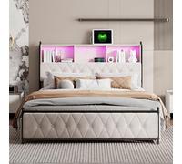Urbihive Lit double 160 x 200 cm, avec quatre tiroirs, avec lumière LED et compartiment de rangement à côté du lit, avec USB et Type-C, structure en bois et fer, matériau velours beige