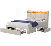 Urbihive Lit double avec tête et sommier 140 x 200 cm, lit double avec lumière LED et charge USB tapissé avec 4 tiroirs avec rangement, matériau en velours, sans matelas (160 x 200 cm)