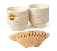 Urbisell Lot de 200 bols biodégradables en fibre de canne + 200 fourchettes en bois ciré 16 cm pour aliments chauds et froids (bols et fourchettes)