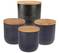 URBN-CHEF Lot de 4 bocaux de rangement hermétiques noirs avec couvercles en bambou - Boîtes élégantes pour café, thé, sucre et grands bocaux à biscuits, solution de rangement moderne sur le plan de