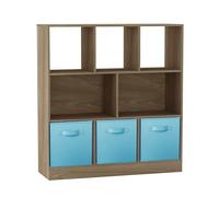 URBNLIVING Bibliothèque asymétrique 8 cubes en chêne avec 3 inserts de tiroir en tissu - Étagère en bois pour la maison, le bureau ou la chambre à coucher - Bleu ciel