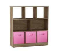 URBNLIVING Bibliothèque asymétrique 8 cubes en chêne avec 3 inserts de tiroir en tissu - Étagère en bois pour la maison, le bureau ou la chambre à coucher - Rose clair