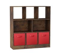 URBNLIVING Bibliothèque asymétrique 8 cubes marron rustique avec 3 inserts de tiroir - Meuble de rangement en bois et étagère de rangement - Rouge