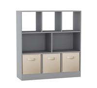 URBNLIVING Bibliothèque asymétrique à 8 cubes avec 3 inserts de tiroirs en tissu gris, organiseur moderne et vitrine pour la maison ou le bureau, crème