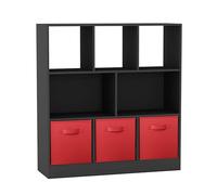 URBNLIVING Bibliothèque asymétrique à 8 cubes - Meuble de rangement noir avec 3 tiroirs en tissu, organiseur moderne pour la maison ou le bureau - Rouge
