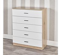 Urbnliving Commode en bois 4 ou 5 tiroirs pour chambre, Structure en chêne + tiroirs blancs., 5 Drawers