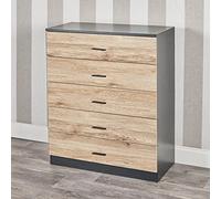 Urbnliving Commode en bois 4 ou 5 tiroirs pour chambre, Structure noire + tiroirs en chêne., 5 Drawers