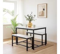 URBNLIVING Ensemble de table à manger 3 pièces - Table en bois avec cadre en métal robuste et 2 bancs - Meuble peu encombrant pour cuisine, salle à manger ou salon - Marbre blanc