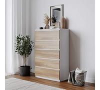 URBNLIVING Skagen Commode à 4 ou 5 tiroirs en bois sans poignée pour chambre à coucher (structure blanche + tiroirs en chêne, 5 tiroirs)