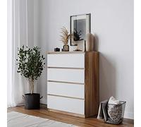 URBNLIVING Skagen Commode à 4 ou 5 tiroirs en bois sans poignée pour chambre à coucher (structure en chêne + tiroirs blancs, 4 tiroirs)