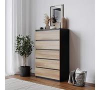 URBNLIVING Skagen Commode de chambre à coucher en bois à 4 ou 5 tiroirs sans poignée (structure noire + tiroirs en chêne, 5 tiroirs)