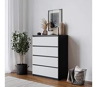 URBNLIVING Skagen Commode en bois à 4 ou 5 tiroirs sans poignée pour chambre à coucher (structure noire + tiroirs blancs, 4 tiroirs)