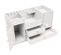 ureggvbu Boîte de rangement pour cosmétiques avec miroir et compartiment à mouchoirs, 2 tiroirs + porte, en PVC blanc, 45 x 19 x 27 cm, pour pinceaux de maquillage et bouteilles hautes, peu