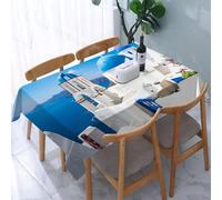 UREJD Nappe en Toile cirée rectangulaire 152x228 cm,Coucher de Soleil Bleu Grèce Vue panoramique Cyclades Maisons Blanches Santorin P,Nappe en Toile cirée Anti-Taches et imperméable,Polyester Imprimé