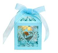 URFEDA 50PCS Boîte de Dragées pour Mariage, Amour Évité Boîtes à Dragées avec Rubans, Boites Cadeaux pour Mariage, Fête, Anniversaire, Baby Shower, Noël, Boîte Cadeau Décorative, Bleu Clair