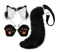URFEDA Chat Cosplay Costume, Serre-tête Oreilles de Chat + Pattes en Peluche + Queue de Chat, Doux et Moelleux Animaux Longue Queue, Robe d'animal, pour Halloween, Noël, Costumes de Fête, Noir Blanc