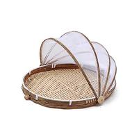 URFEDA Corbeille à Fruits en Bambou avec Protection Anti-mouches, Panier de Fruits Plateau Tissé en Rotin, Plateaux Alimentaires Rond, Panier d’osier Rangement pour Pain, Fruits, Légume (35cm)