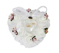 URFEDA coussin Bagues Mariage Porte Alliance en Forme de Coeur, Blanc Roses Coussin d’Alliance, Anneau de Mariage, Fiançailles, Saint-Valentin