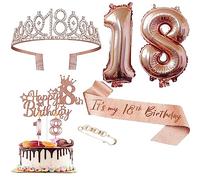 URFEDA Décoration Anniversaire 18 ans Fille: Couronne en Cristal Rose, Echarpe, Ballons Numérotés, Bougie, Cake Toppers Deco